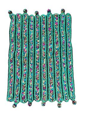 Vintage Handmade Crochet Afghan Throw Blanket Green Multicolor Striped Pom-Pom